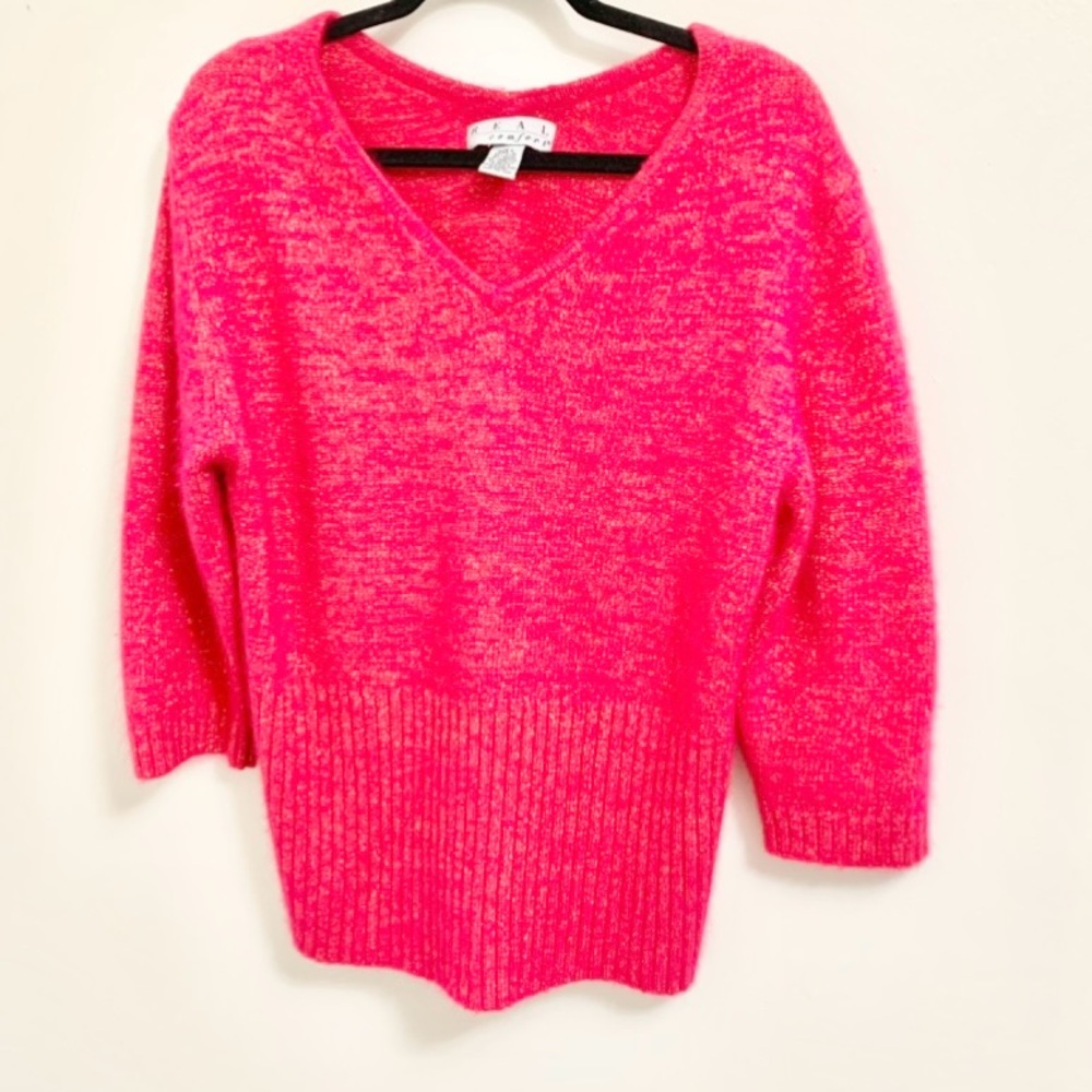 Angora Lambswool Pink Metallic Vintage V Neck Sweater - L